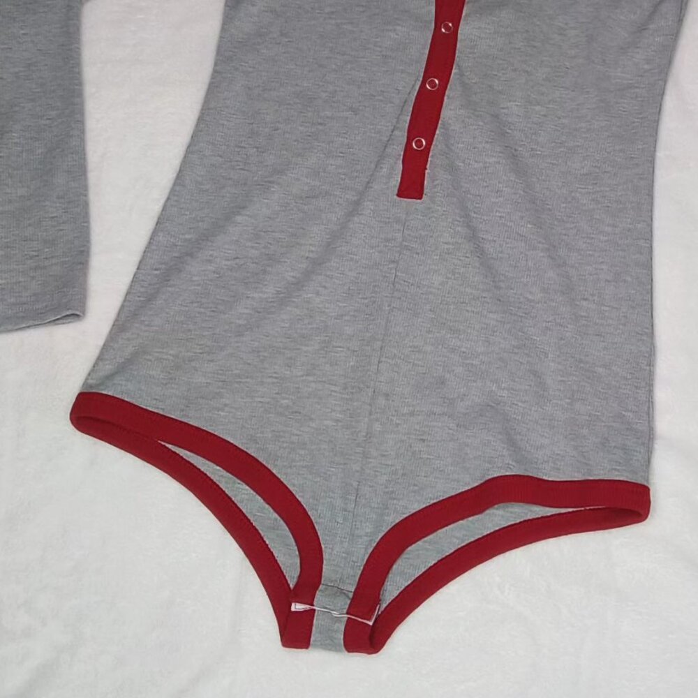 Womens 🌷 Adorable Gray And Deep Plum Long Sleeve Full Back Bodysuit Play Suit - Picture 4 of 7